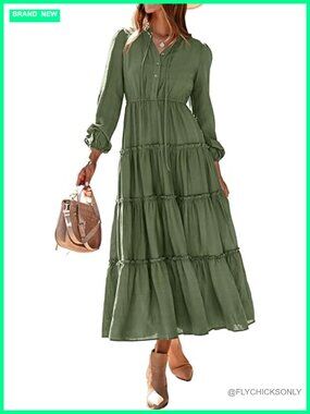 Fall Long Sleeve Maxi Dress V-Neck Tiered A-Line Flowy Boho Wedding Guest Dress